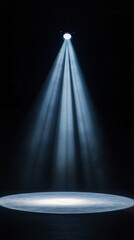 A soft spotlight illuminates single point on stage, creating dramatic atmosphere with beams of light piercing through darkness. This captivating scene evokes sense of anticipation and focus