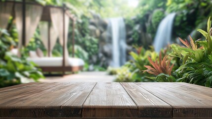 Empty wood table top with blur background of tropical hotel resort. The table giving copy space for placing advertising product on the table along with beautiful summer resort vacation background.