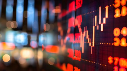 Close-up of downward-trending line graph on digital screen, symbolizing drop in earnings, financial decline visualized with charts and numbers