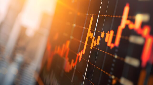 Close-up of downward-trending line graph on digital screen, symbolizing drop in earnings, financial decline visualized with charts and numbers