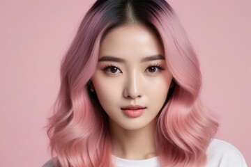 Naklejka premium Elegant Woman with Pink Hair: Fashion and Makeup Studio Shot