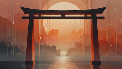abstract representation of a Torii gate surrounded by ethereal light, blending with modern geometric shapes and gradients