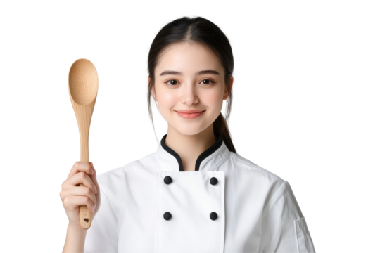 Female chef with wooden spoon, showcasing culinary expertise.