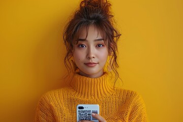 Demonstrating qr code technology  woman using phone with qr label for human identification concept