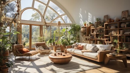 Fototapeta premium A cozy, plant-filled living room with natural light and wooden furniture.