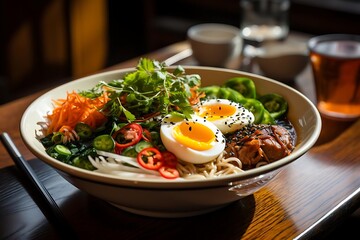 A vibrant bowl of noodles topped with vegetables, eggs, and herbs, showcasing a delicious meal.
