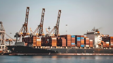 Fototapeta premium Large cargo ship docked at empty port with stacked containers and idle cranes, symbolizing port strike and industrial tension