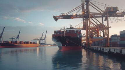 Fototapeta premium Large cargo ship docked at empty port with stacked containers and idle cranes, symbolizing port strike and industrial tension