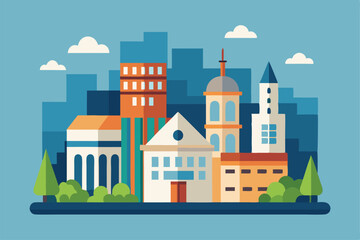 A colorful urban skyline featuring various building designs and lush greenery in a bright setting, Customizable flat illustration for buildings.