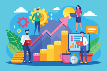 Naklejka premium Teams collaborate using laptops to analyze data and implement business growth strategies in a vibrant landscape, Customizable flat illustration for business growth.