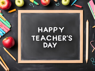 Flat lay composition for Teacher's day on chalkboard