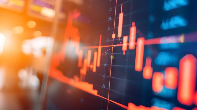 Close-up of digital screen showing downward-trending line graph symbolizing Fed rate cut, surrounded by financial charts and news headlines, key financial indicator visualization