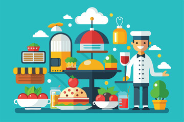 A cheerful chef stands next to a variety of delectable dishes, highlighting menu choices for catering, Customizable flat illustration for catering service.