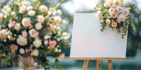 Blank welcome sign on an easel adorned with floral decoration at a wedding event.