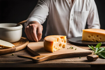 Pieces of delicious cheese and knife on wooden table. Space for text. High quality photo