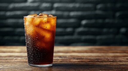 Chilled glass of cola with ice on a rustic wooden table, dark stone background.