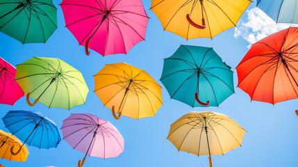Vibrant background with umbrellas. vibrant umbrellas as an urban street accent. dangling umbrellas in various colors against a blue sky. Vibrant background colors. Background of holidays 