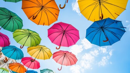 Vibrant background with umbrellas. vibrant umbrellas as an urban street accent. dangling umbrellas in various colors against a blue sky. Vibrant background colors. Background of holidays 
