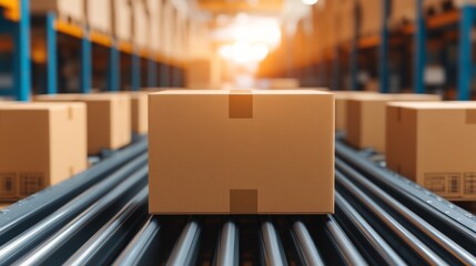 Delivery box on conveyor belt in a modern warehouse, soft focus background.