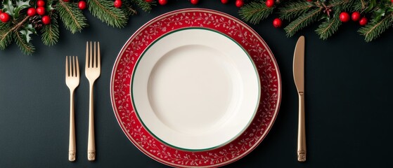 Elegant festive table setting with decorative plate and cutlery, surrounded by greenery.
