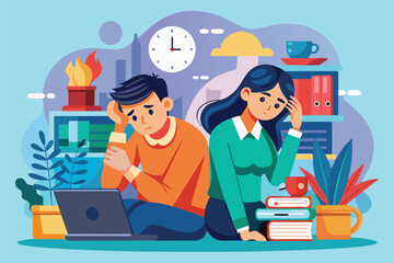 A couple sits on the floor, feeling stressed amid home distractions like plants and a clock ticking, Customizable flat illustration for couple stress.