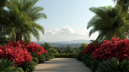 Fototapeta premium Lush garden pathway lined with vibrant flowers and palm trees under a clear blue sky.