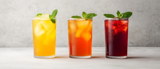 Three refreshing drink glasses with ice and mint on a gray surface.