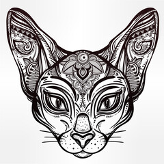 Vintage ornate cat head with tribal ornaments.