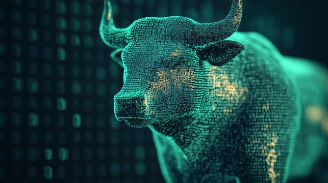 Bull represented in digital form with binary code background.
