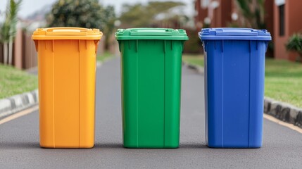 Colorful recycling bins on the street with a blurred background.