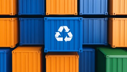 Fototapeta premium Colorful shipping containers with recycling symbol, suitable for sustainability themes.