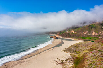Beautiful landscape of Pacific Ocean coast along Highway 1 and Big Sur, aerial view, sunset, sunrise, fog. Concept, travel, vacation, weekend
