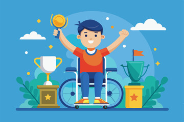 A cheerful child in a wheelchair raises a trophy in triumph next to two gleaming awards under a sunny sky, Customizable flat illustration for disabled winner.