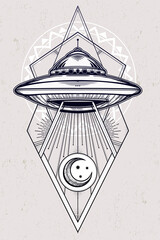 UFO Sacred Geometry Mystical Tattoo Design Hand Drawn Vector Illustration © Osama