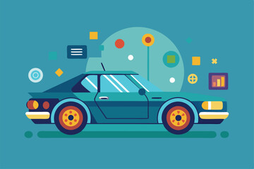 Fototapeta premium A vibrant flat design showcases a classic car surrounded by geometric shapes and data visuals, Customizable flat illustration for driving.