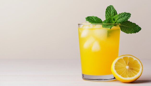 Refreshing lemonade with mint leaves, served in a glass with ice.