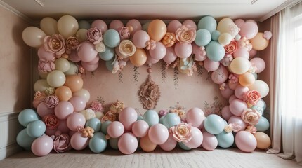 パステルカラーのバルーンと花で壁の装飾