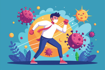 Naklejka premium A determined person in a mask throws a punch at cartoon viruses, promoting the fight against COVID-19, Customizable Flat Illustration for fighting coronavirus.