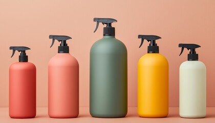 Assorted spray bottles in various colors on a soft background.
