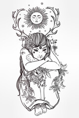 Nature fairy woman boho illustration.