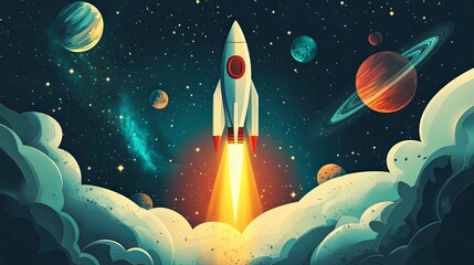 A Rocket Launching Through Space with Planets and Stars in the Background