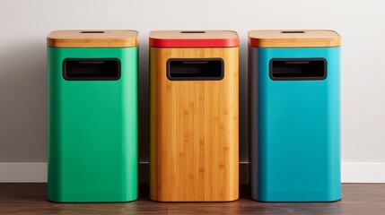 Colorful trash bins with wooden lids against a modern wall.