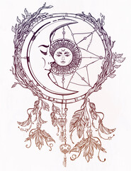 Dream catcher adorned  with sun and moon inside.