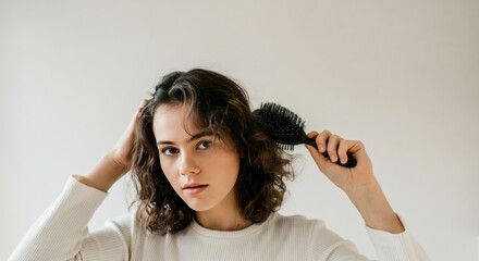 Fototapeta premium Woman Brushing Her Hair in a White Sweater