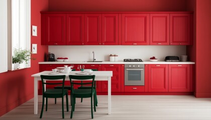 Modern kitchen design with red cabinets and dining table.