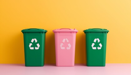 Recycling bins in varied colors against a vibrant yellow backdrop.