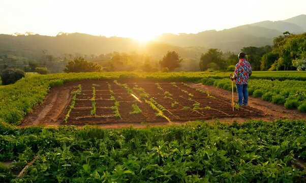 Haitian Man Planning a Sustainable Garden in Vibrant Landscape