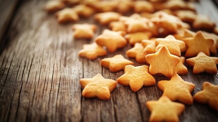 A scattered arrangement of star-shaped cookies on a rustic wooden surface, evoking warmth and comfort.