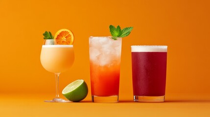 Fototapeta premium Three vibrant cocktails on a colorful background, garnished with fruits and herbs.