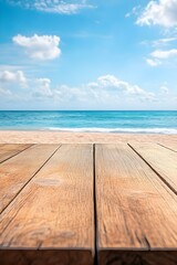 Fototapeta premium Empty wooden tabletop against a beautiful tropical beach background with copy place for showcasing product 
